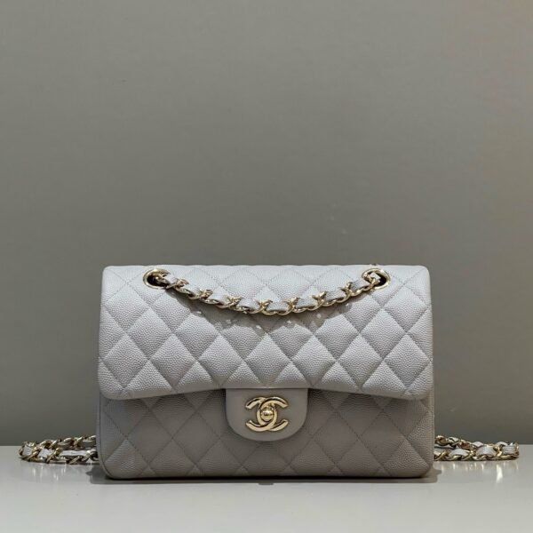 Chanel CF-Small 23cm-Fine Caviar Leather-Uncut Edge-Elephant Gray Light Gold Buckle